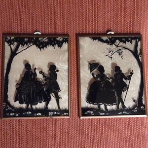 Vintage Convex Glass Reverse Painted Silhouette Pictures